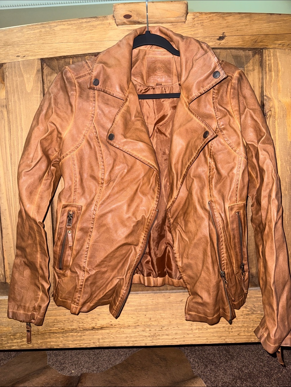 Max Studio Cognac Leather-Effect Moto Jacket